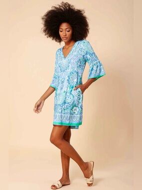 Hale Bob Mirabel Jersey Dress Blue Green Paisley V-Neck Bell Sleeve Medium
